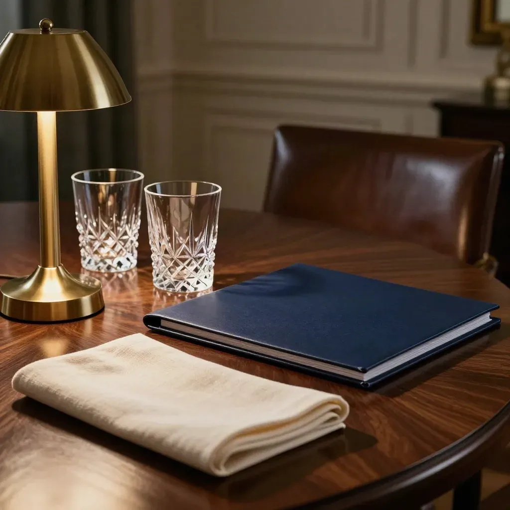 Private dining table with crystal glasses, brass lamp and navy deal folder in warm evening light.