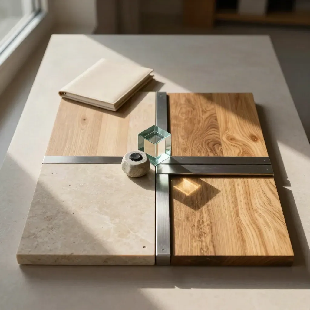 Overhead portfolio review still life with stone, oak, glass and brushed metal in late sun.