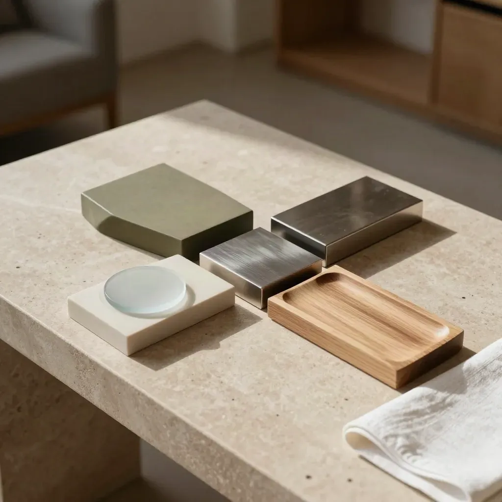 Top-down of ceramic, glass, steel and walnut objects on stone in warm sunlight for asset allocation.