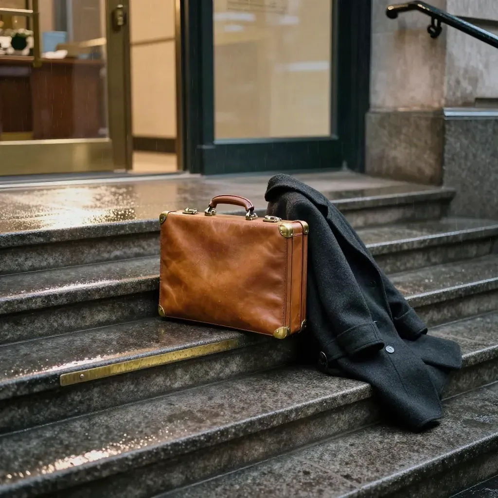 Rain-slick stair landing with briefcase and folded coat outside a finance office