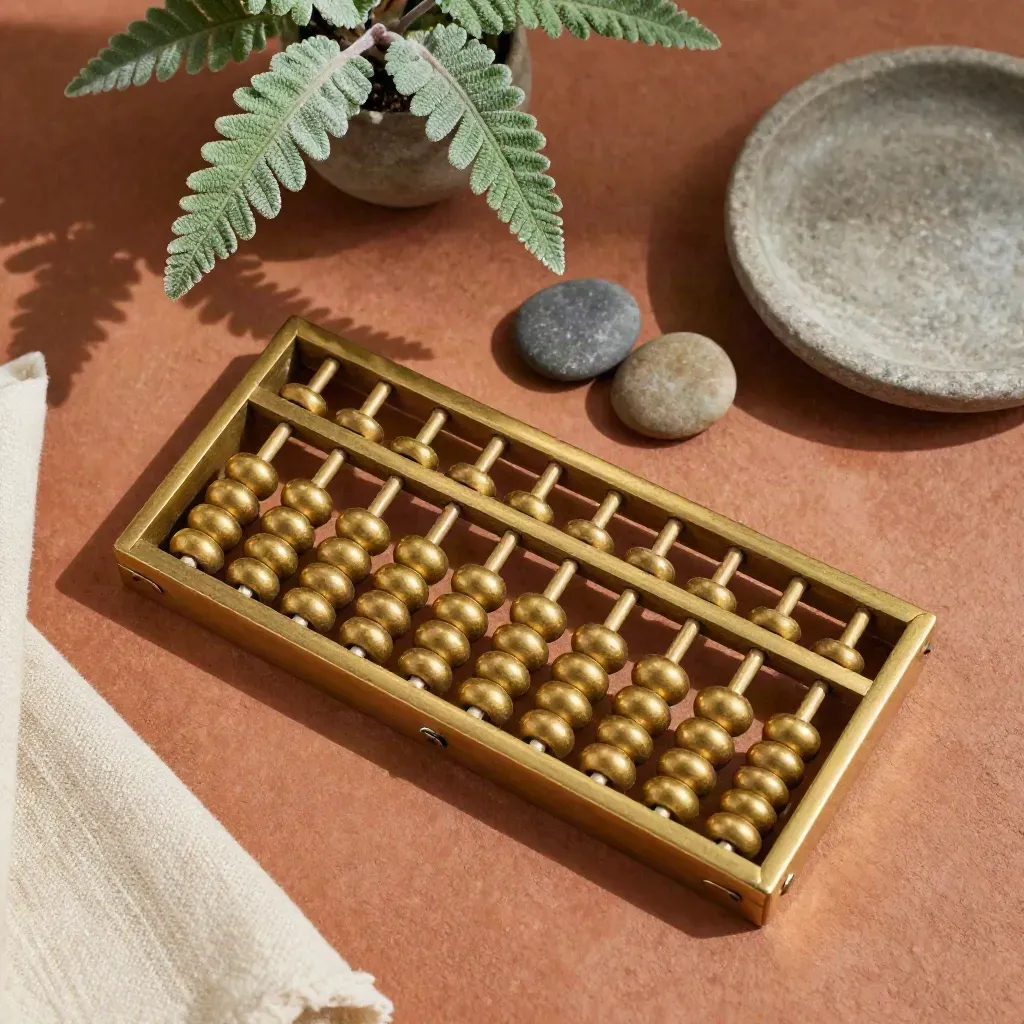 Overhead brass abacus with pebbles and fern on terracotta plaster, softly lit