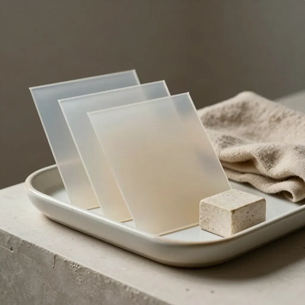 Ceramic tray with translucent file sleeves, wool cloth and stone cube in soft light