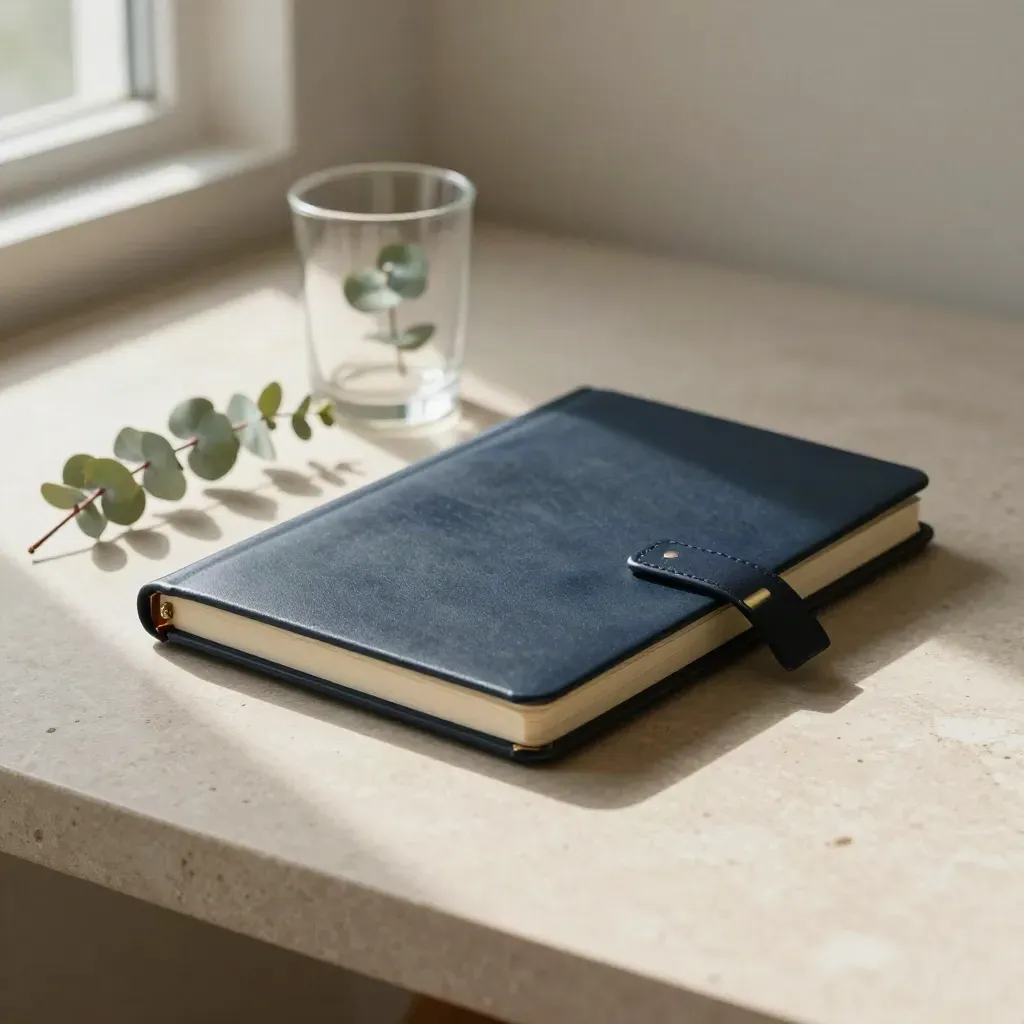 Portfolio notebook, brass clip and eucalyptus on stone desk in soft window light.
